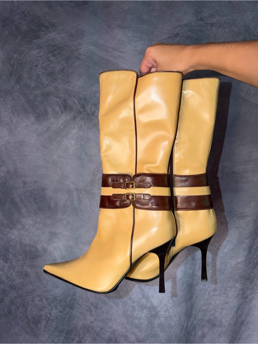 Tan Mid-Calf Stiletto Boots with Brown Strap Detail